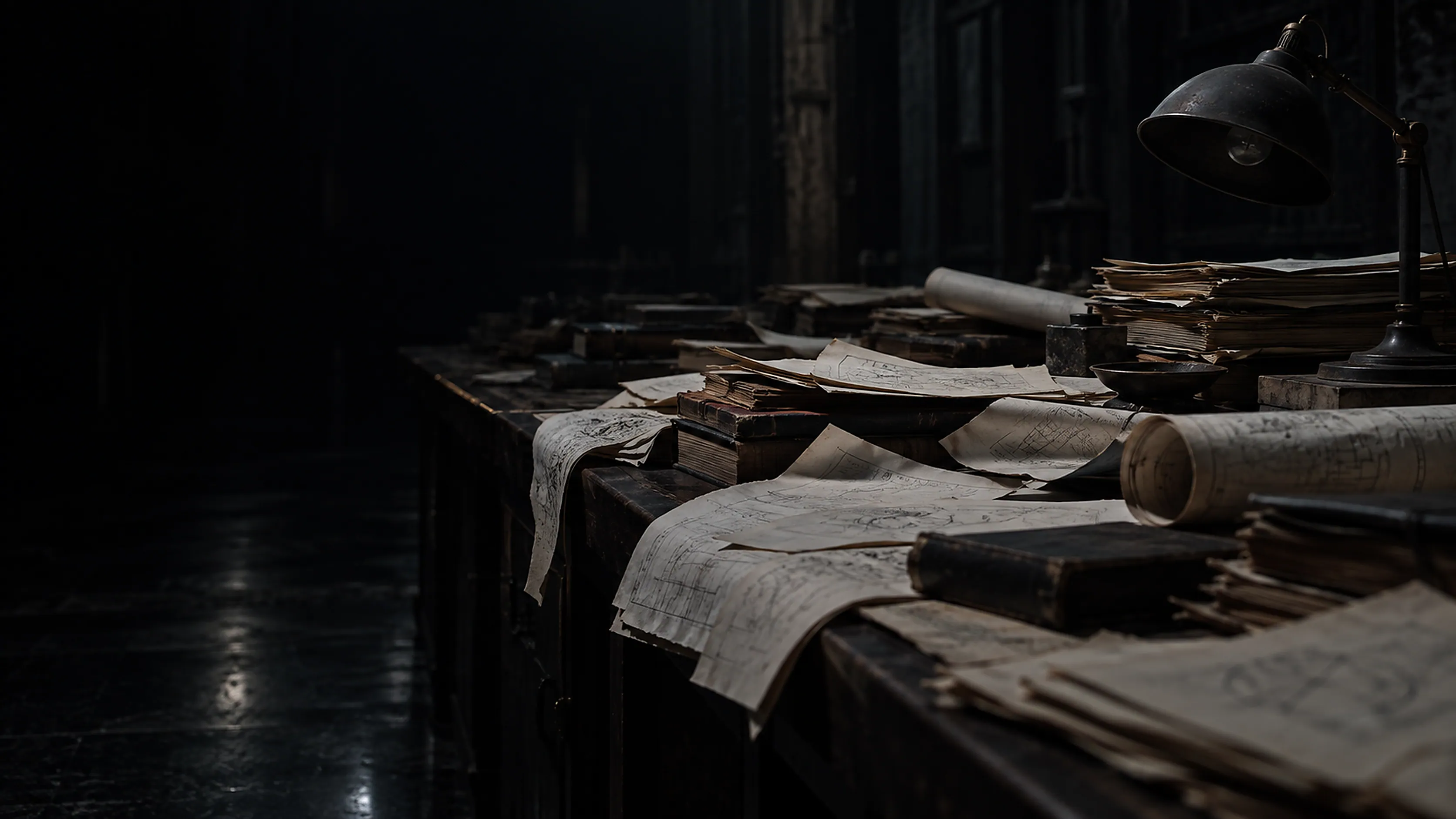 A long table in a dark hall, covered with loose sheets of paper heaped at random.